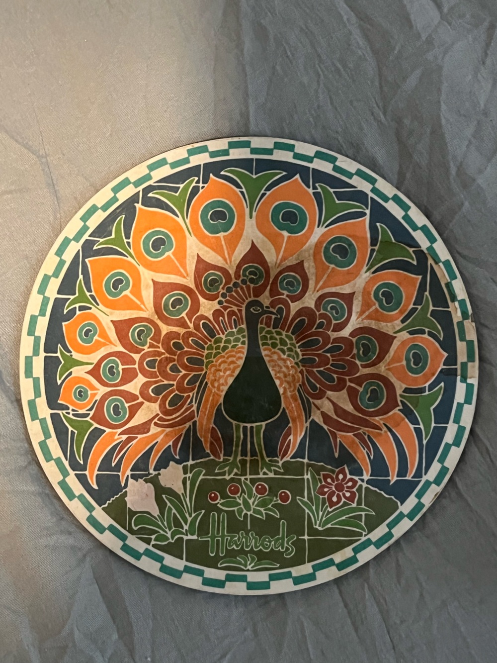 Harrods Peacock Wall Plate — Orange, Green, Teal, Navy